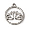 Non-Tarnish 201 Stainless Steel Pendants, Laser Cut, Flat Round with Lotus, Stainless Steel Color, 17x15x1mm, Hole: 1.5mm