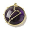 Constellation Natural Amethyst Pendants, Brass Flat Round Charms, Golden, Leo, 32x30x9mm, Hole: 2mm