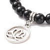 Natural Black Agate & Mixed Gemstone Stretch Bracelet with Alloy Lotus Charms BJEW-TA00134-01-4