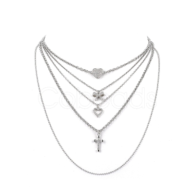 5Pcs 5 Style Heart & Bowknot & Cross Clear Cubic Zirconia Pendant Necklaces Set NJEW-JN04145-1