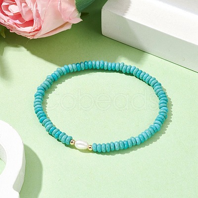 Synthetic Turquoise Rondelle & Natural Pearl Beaded Stretch Bracelets BJEW-JB09918-08-1