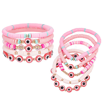 PandaHall Elite 10Pcs 2 Style Polymer Clay Heishi Beaded Stretch Bracelets Set BJEW-PH0001-01-1