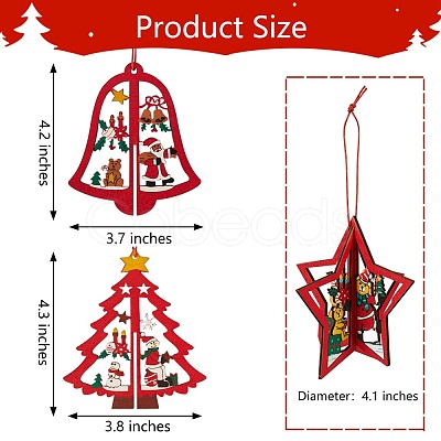 6 Sets 6 Style Christmas Tree & Star & Bell Wooden Ornaments DIY-SZ0003-39-1