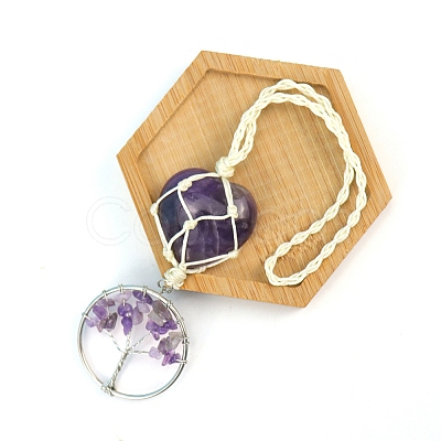 Natural Amethyst Heart Woven Pouch Hanging Ornaments PW-WG76163-06-1