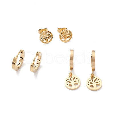 3 Pairs 3 Style Ion Plating(IP) 304 Stainless Steel Tree of Life Dangle Hoop Earrings EJEW-B020-09G-1