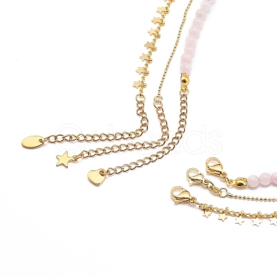 3Pcs 3 Style Natural Rose Quartz Cross & Star Pendant Necklaces Set with Brass Chains NJEW-JN04032-1