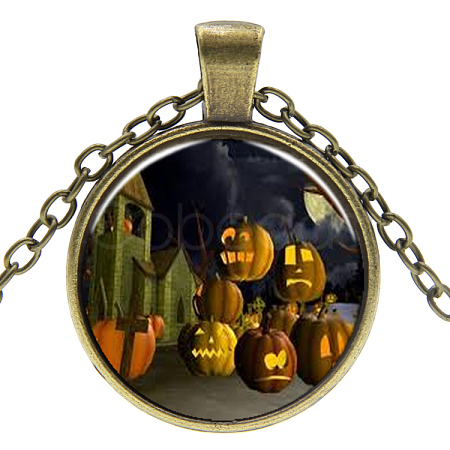 Halloween Theme Glass Pendant Necklaces NJEW-J057-B931-AB-1