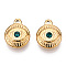 Teal Glass Pendants, with PVD Vacuum Plating 201 Stainless Steel Findings, Flat Round with Evil Eye, Real 18K Gold Plated, 13.5x11x3mm, Hole: 1.6mm