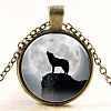Wolf Pattern Flat Round Glass Pendant Necklaces NJEW-N0051-013D-01-1