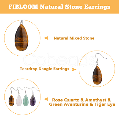 FIBLOOM 4 Pairs 4 Styles Natural Mixed Stone Teardrop Dangle Earrings with Steel Iron Pins for Women EJEW-FI0003-18-1