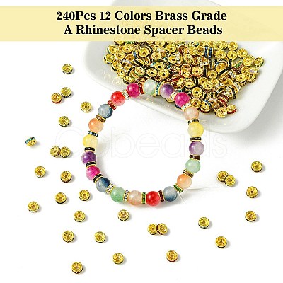 240Pcs 12 Colors Brass Grade A Rhinestone Spacer Beads KK-YW0002-34G-1