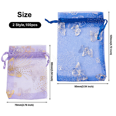 Kissitty 100Pcs 2 Style Gold Stamping Butterfly Rectangle Organza Gift Bags OP-KS0001-01-1