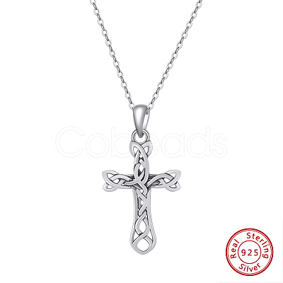 Rhodium Plated 925 Sterling Silver Knot Cross Pendant Necklaces for Women NJEW-F323-03P-1