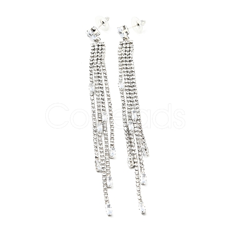 Clear Cubic Zirconia & Crystal Rhinestone Long Tassel Dangle Stud Earrings EJEW-C037-07B-P-1