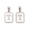 304 Stainless Steel Pave Shell Pendants, Rectangle Charm, Stainless Steel Color, Letter T, 17.5x12x1.5mm, Hole: 3x5mm