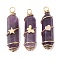 3Pcs 3 Styles Natural Amethyst Copper Wire Wrapped Pointed Pendants, Faceted Bullet Charms with Golden Tone Brass Heart & Star & Butterfly Beads, 34.5~37x10.5x12mm, Hole: 2.7mm, 1pc/style