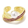 Cubic Zirconia Criss Cross Open Cuff Ring with Plastic Pearl Beaded RJEW-K247-04G-2