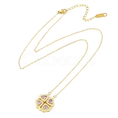 Brass Pave Cubic Zirconia Heart Clover Pendant Necklaces NJEW-K276-01G-01-1