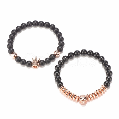 2Pcs 2 Style Synthetic Hematite & Black Stone & Natural Obsidian Stretch Bracelets Set with Cubic Zirconia Skull BJEW-JB08120-04-1