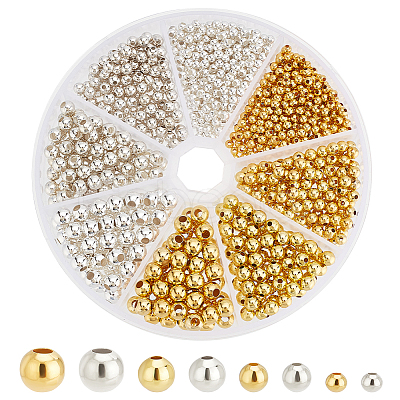 PandaHall Elite 1080Pcs 8 Styles Brass Smooth Round Beads FIND-PH0018-84-1