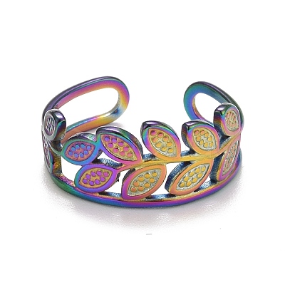 Rainbow Color Ion Plating(IP) 304 Stainless Steel Leaf Wrap Open Cuff Ring for Women RJEW-A005-10-1