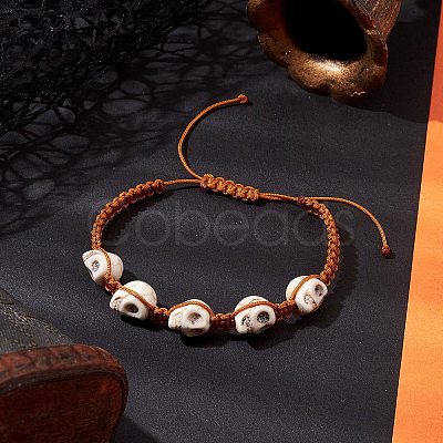 Adjustable Halloween Skull Synthetic Turquoise Braided Bead Bracelets for Women Men BJEW-JB10655-1