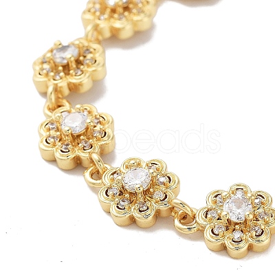 Rack Plating Brass Pave Clear Cubic Zirconia Flower Link Chain Bracelets for Women BJEW-R317-15G-1