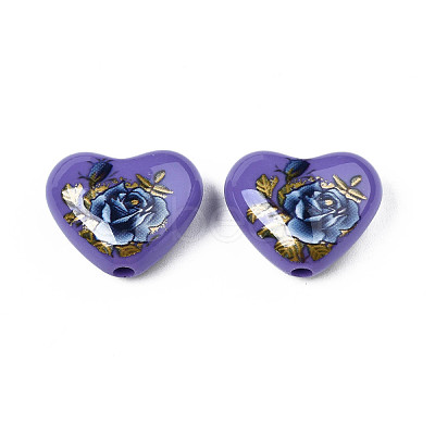 Flower Printed Opaque Acrylic Heart Beads SACR-S305-28-M01-1