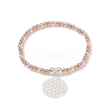 Two Tone Brass Round Beaded Stretch Bracelet with Flower Charm for Women BJEW-JB08598-1