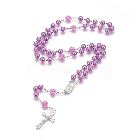 Glass Imitation Pearl Rosary Bead Necklace for Easter NJEW-WH0005-06-1