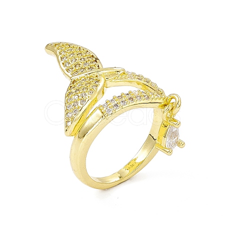 Clear Cubic Zirconia Fishtail Shape with Teardrop Charm Open Cuff Ring RJEW-I091-19G-1