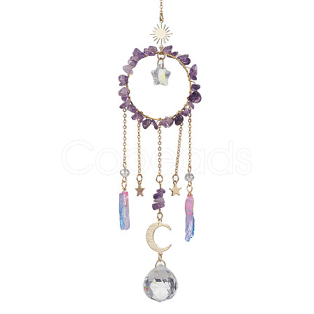 Natural Amethyst Chip Pendant Decorations with Brass Moon & Cable Chain & Electroplated Quartz Crystal Tassel HJEW-JM01650-03-1