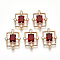 Golden Tone Brass Links connectors, with Faceted Glass and Rhinestone, Rectangle, Red, 19x13.5x3.5mm, Hole: 1mm