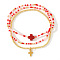 Minimalist Glass Seed Beads Stretch Bracelet Sets, Cross Brass Charm Bracelets for Women, Red, Inner Diameter: 6-1/2 inch(16.5cm)