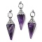 Natural Amethyst Faceted Cone Big Pendants, with Rack Plating Alloy Findings, Platinum, 61x18.5x17mm, Hole: 8x5mm