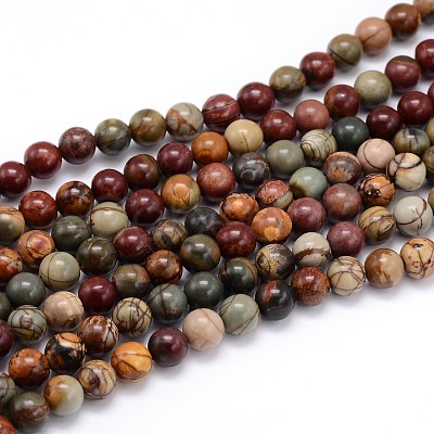 Natural Polychrome Jasper/Picasso Stone/Picasso Jasper Round Bead Strands G-J303-16-6mm-1