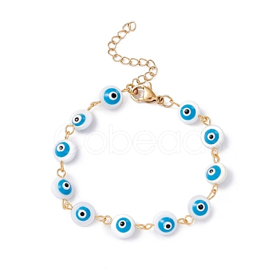 Natural Shell Flat Round with Evil Eye Link Chain Bracelet with Enamel BJEW-C015-21G-1