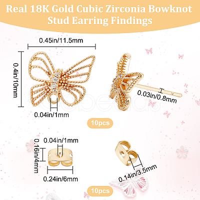 Beebeecraft 10Pcs Brass Cubic Zirconia Bowknot Stud Earring Findings KK-BBC0008-31-1