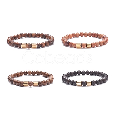 Natural Wood Round Beaded Stretch Bracelet with Synthetic Hematite for Men Women BJEW-JB07549-1