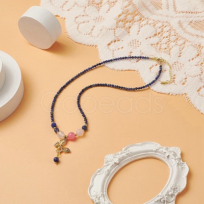 Colorful Cubic Zirconia Butterfly Pendant Necklace with Natural Mixed Gemstone Beaded Chains for Women NJEW-JN04169-1