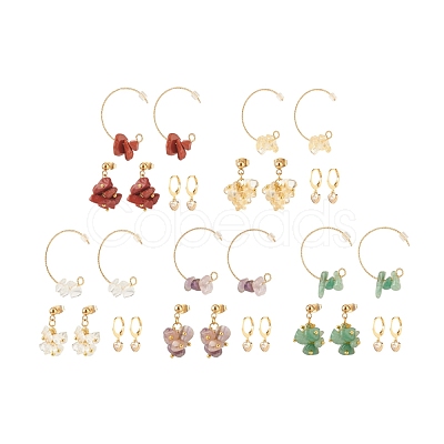 3 Pairs 3 Style Natural Gemstone Chips Beaded Cluster Dangle Stud & Leverback Earrings EJEW-JE04895-1