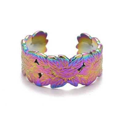 Rainbow Color Ion Plating(IP) 304 Stainless Steel Leaf Open Cuff Ring for Women RJEW-A005-16-1