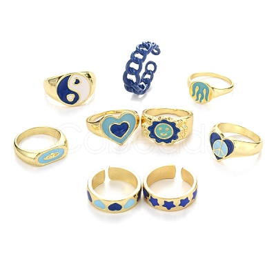 9Pcs 9 Style Alloy Enamel Signet Finger Rings and Cuff Rings Set RJEW-LS0001-58-1