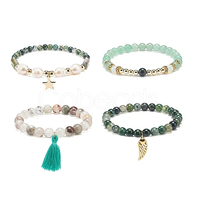 4Pcs 4 Style Natural & Synthetic Mixed Gemstone & Pearl Stretch Bracelets Set BJEW-JB08887-1