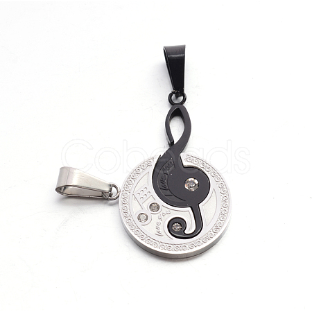 Valentine's Couple Jewelry 304 Stainless Steel Rhinestone Flat Round and Musical Note with Word Love You Pendants STAS-E090-74B-1