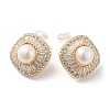Rhombus Natural Pearl Stud Earrings with Brass Micro Pave Cubic Zirconia and 925 Sterling Silver Pins EJEW-P256-87G-1