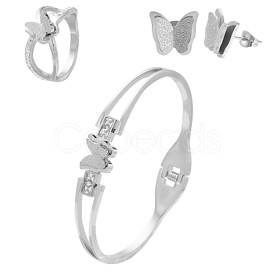 Non-Tarnish 304 Stainless Steel Butterfly Stud Earrings & Finger Ring & Bangle SJEW-TZ0001-01-1