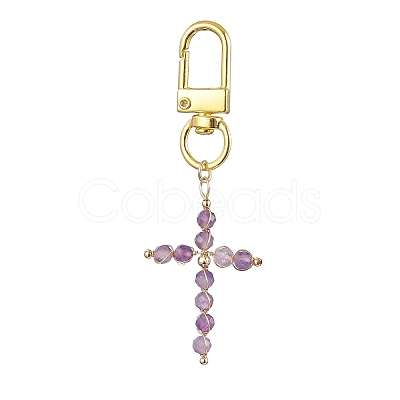 Wire Wrapped Natural Gemstone Cross Pendant Decoration HJEW-JM01932-1