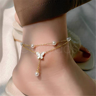 Titanium Steel & Plastic Pearl Charm Double Layer Anklets for Women WG18C2B-17-1