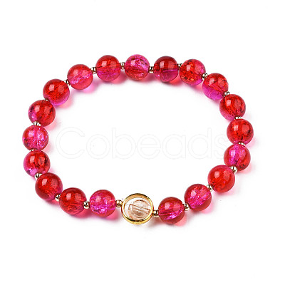 Round Glass Beaded Stretch Bracelet with Gold Plated Brass Ring for Women BJEW-N018-02D-1